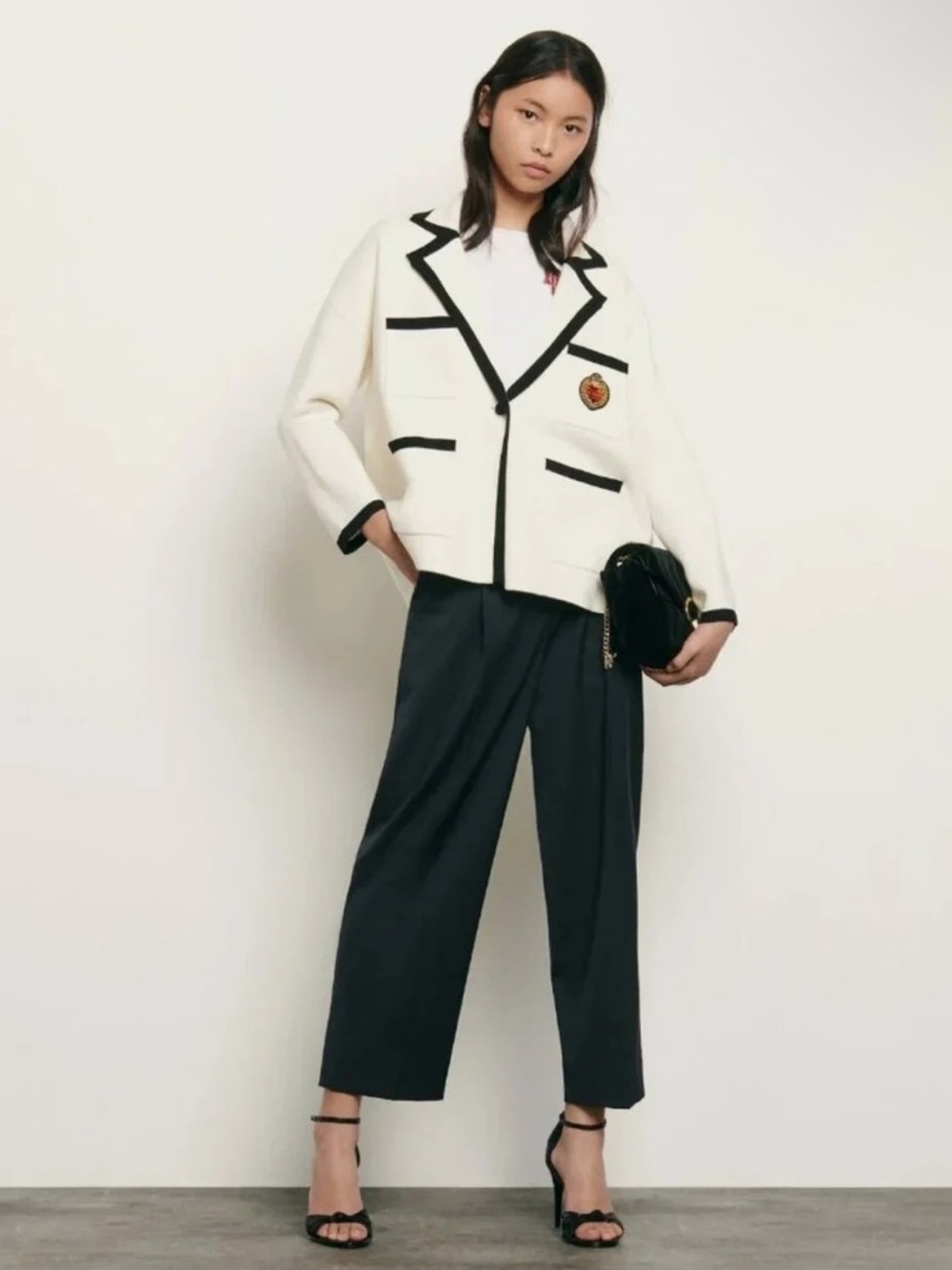 Sandro White Knit Blazer with Black Trim - Women's Jacket